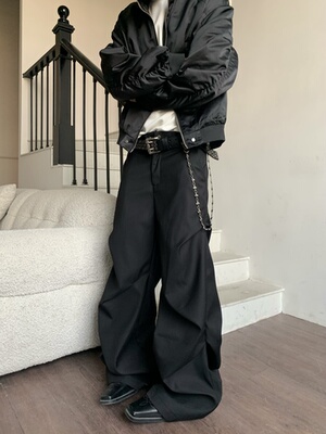 Ueshima小众褶皱宽松伞兵西裤男