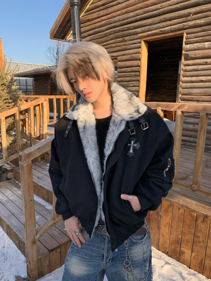 冬季毛领十字架加绒保暖座山雕男