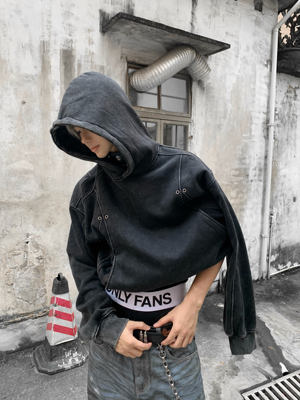 美式复古水洗做旧连帽加绒卫衣男