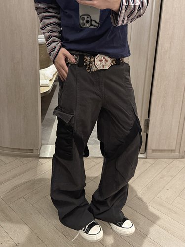 复古多口袋设计宽松阔腿工装裤