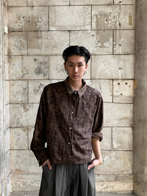 格子做旧扎染双门襟假两件衬衫潮