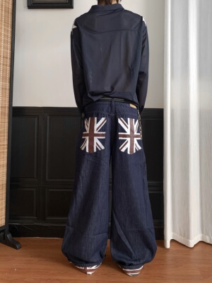 美式复古米旗翻折阔腿宽松牛仔裤