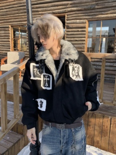 「Ueshima」*流苏贴布*设计感毛领座山雕棉服宽松加绒加厚夹克男