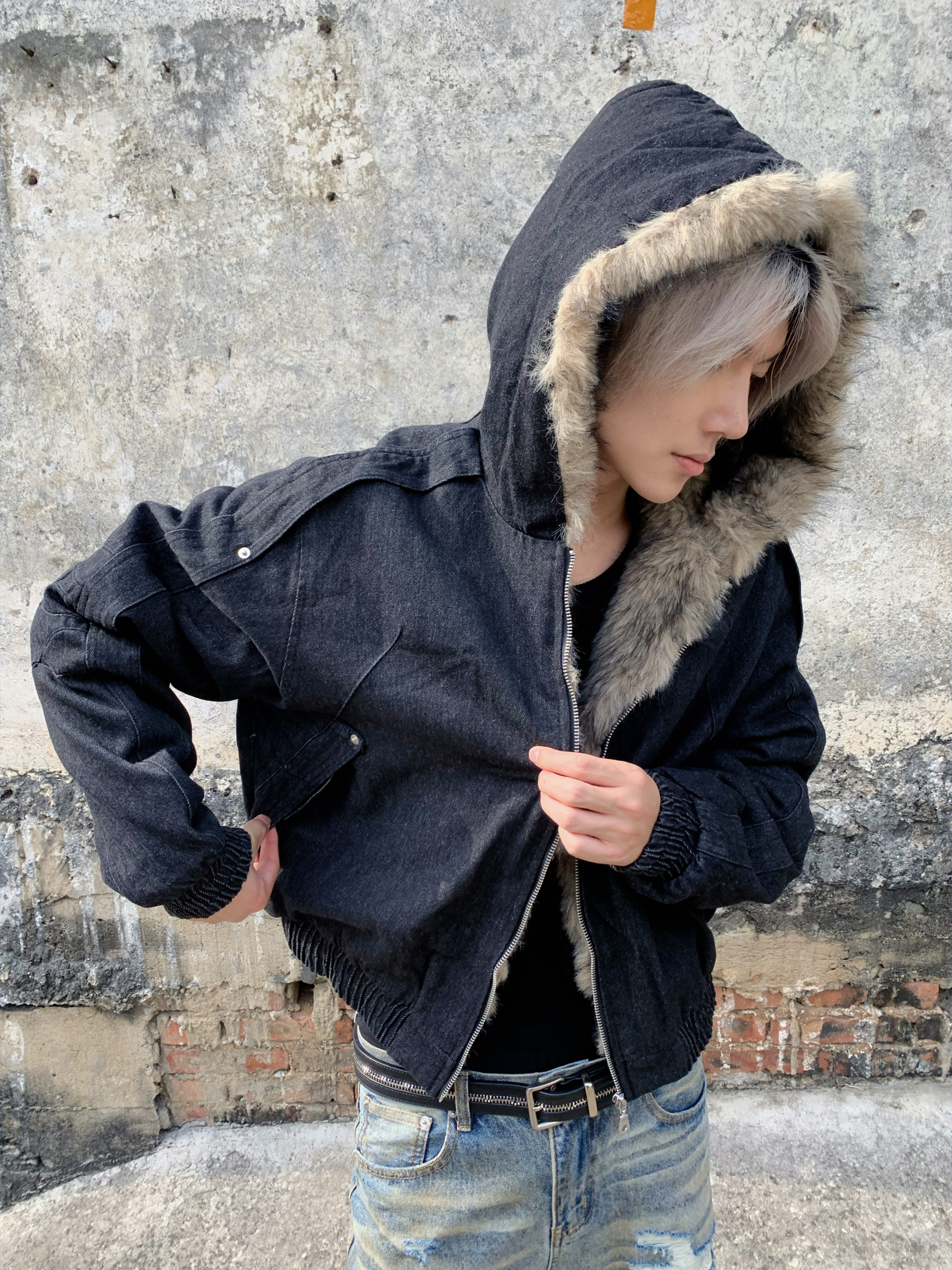 牛仔座山雕毛领棉服水洗加厚保暖