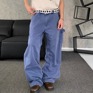 型休闲裤 复古阔腿baggy版 男 Vintage水洗做旧波坏蓝色法工裤 Uekk