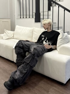 Uekk「重工水洗破洞牛仔裤」RO风 明星同款炒盐阔腿工装裤直筒裤