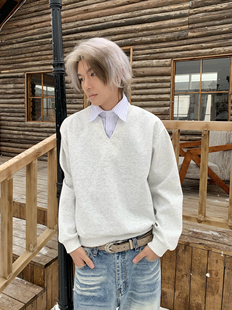 「Ueshima」知识分子假两件条纹V字领纯色卫衣短款 boxy百搭学院风