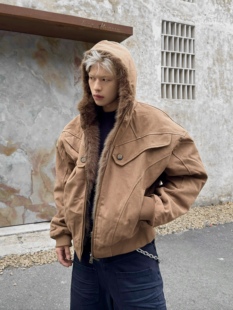 「Ueshima」*铠甲*廓形裁剪座山雕短宽棉服夹克加厚毛领外套男