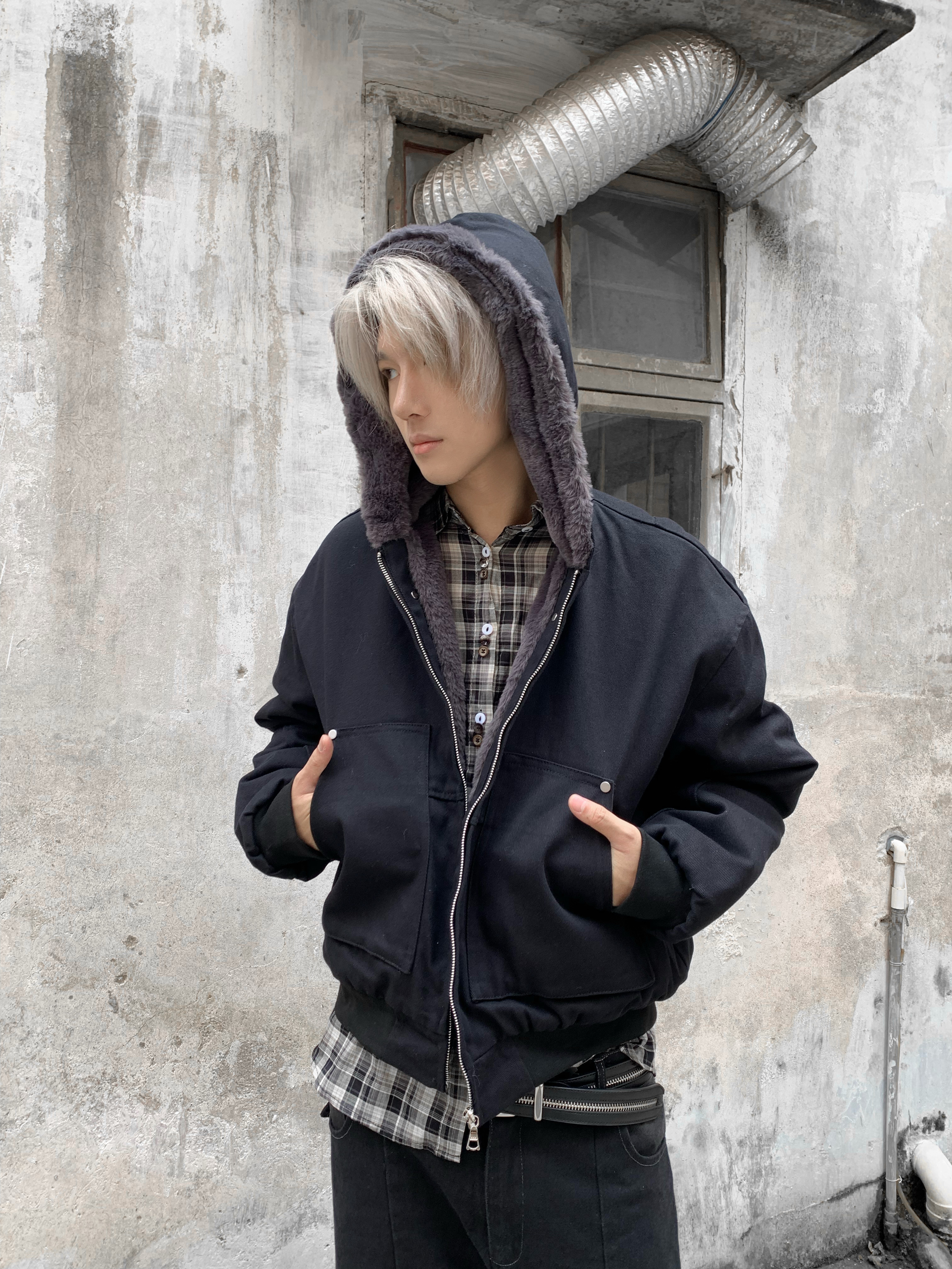 「Ueshima」美式cleanfit短款座山雕加厚保暖棉服连帽重磅夹克男