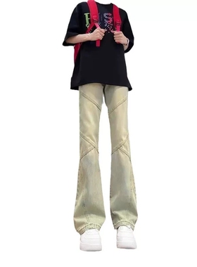 复古水洗做旧拼接分割线设计拉链中腰直筒 FGG-HC2071