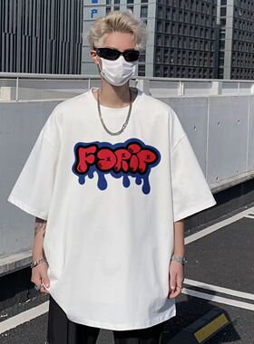 美式字母印花水洗做旧直筒圆领短袖T恤F21-HYDX10083