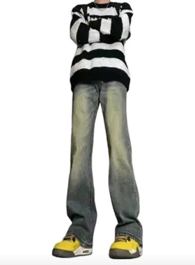 24SS 美式废土风垂感修身直筒微喇阔腿水洗做旧牛仔