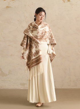 云知秋冬新款加厚保暖百搭针织披肩复古长款斗篷围巾女士高级感潮