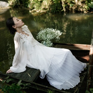 云知温柔风白色长袖花边领雪纺衫女褶皱仙女风飘逸蕾丝拼接上衣