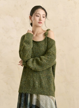 云知秋冬新款露肩针织衫2025年新款时尚洋气高端毛衣女长袖上衣潮