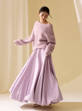 云知紫色毛绒套头针织上衣ins慵懒风宽松一字肩长袖毛衣高级感女