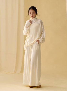 云知秋冬新款女装高领针织毛衣女高级感宽松长袖上衣套装日系慵懒