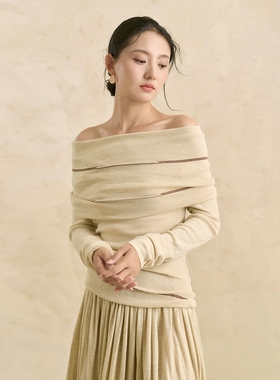 云知秋冬新款一字领露肩针织衫女慵懒风休闲保暖长袖上衣修身显瘦