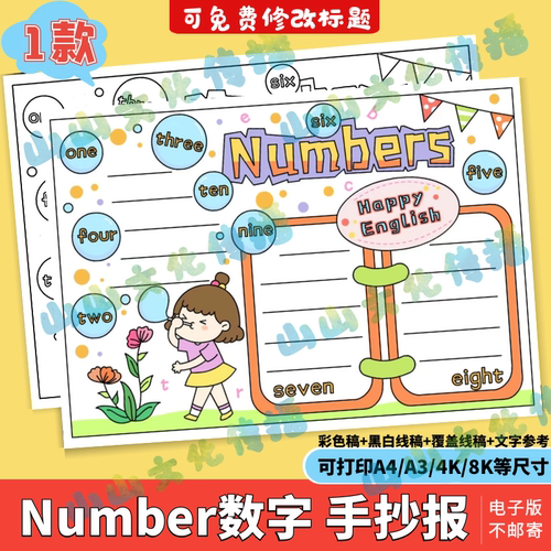 number英语数字手抄报电子模版英语三年级六单元数字小报线稿素材