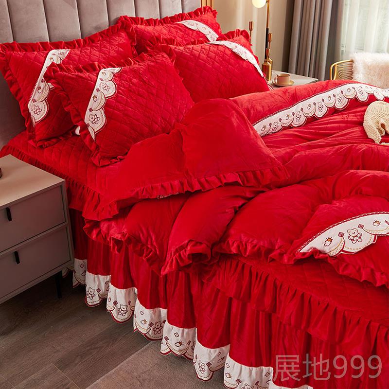 高档欧式夹床棉床加裙款四件套厚蕾丝花套边公主风罩式床单被保暖