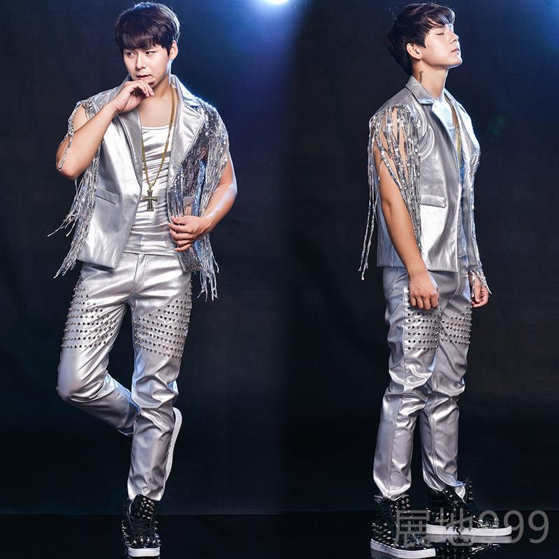 高档鼓潮男歌手夜酒吧子D架J演出服个性流苏亮片铆钉马甲店pu皮裤