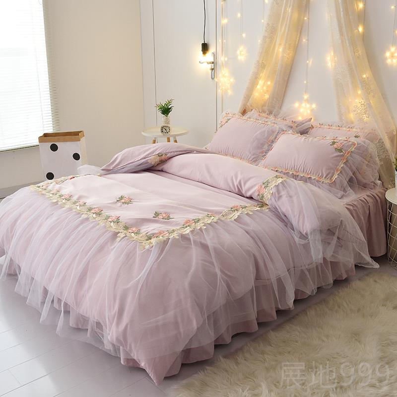 高档2上024裙夏冰丝纯色春四件套被套床单公主风蕾丝床罩真丝床床
