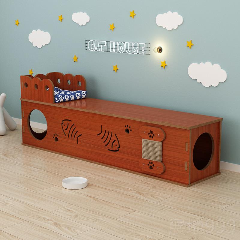 高档可猫窝猫四季通用坐猫隧道实木猫钻洞宠抓板猫别墅猫屋小型犬
