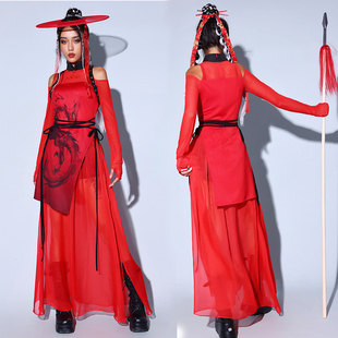 年会红色中国风现代舞蹈表演套装新款演出服装女团扇子舞跳舞衣服