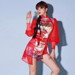 年会红色中国风打鼓舞表演套装演出服装女团大气开场舞扇子舞蹈服