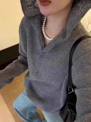 2025新款秋冬春羊毛女款蕾丝连帽针织衫薄款毛衣女款长袖打底衫