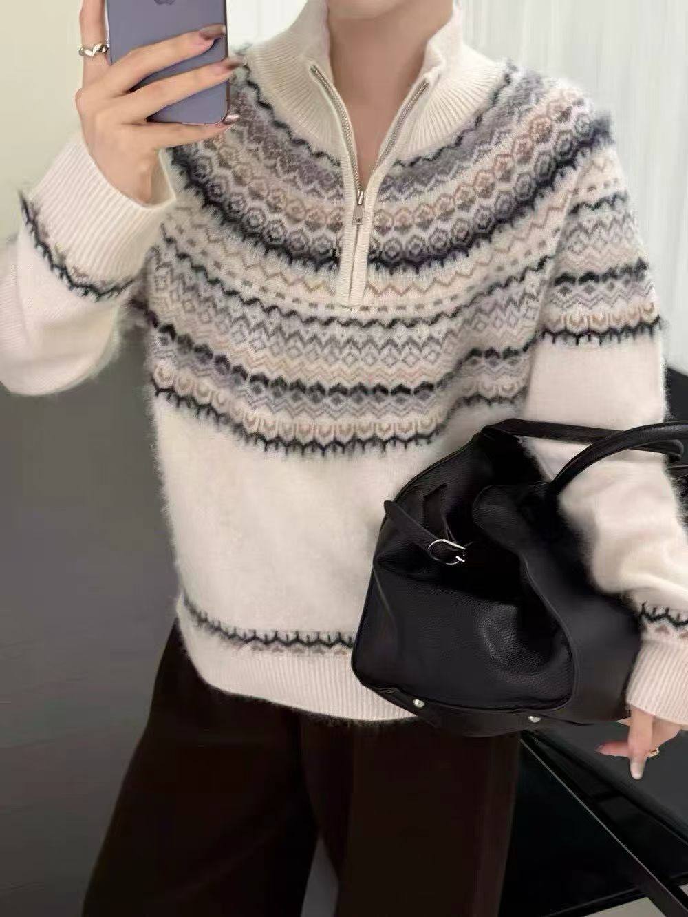 羊绒拉绒费尔岛女款半开领毛衣