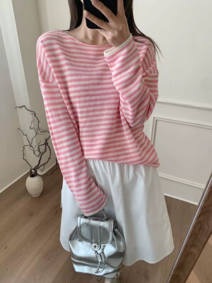 宽松和纸纱2026新款针织衫上衣女款淑女条纹套头春款长袖T恤大版