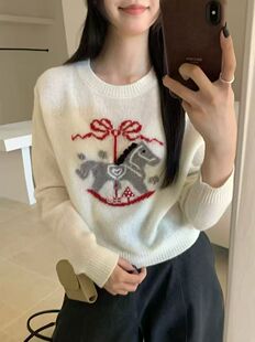 小个子套头卡通短款 纯羊毛新款 毛衣刺绣长袖 圆领针织衫 马 秋冬女款