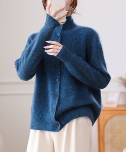 蓝眼泪山羊绒衫高领开衫打底外套毛衣女款针织衫花纱长毛拉绒