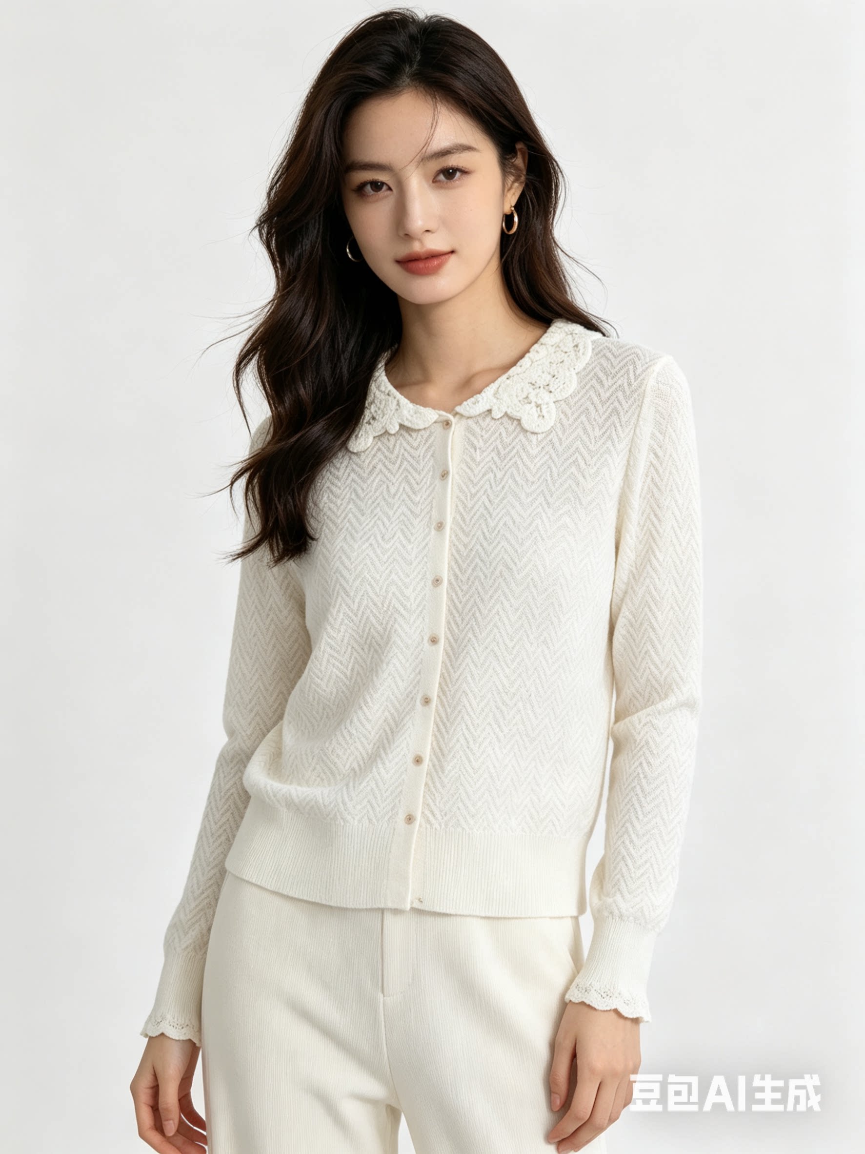 2026春夏季新款针织衫女长袖娃娃领开衫欧根纱花边蕾丝衫淑女薄款