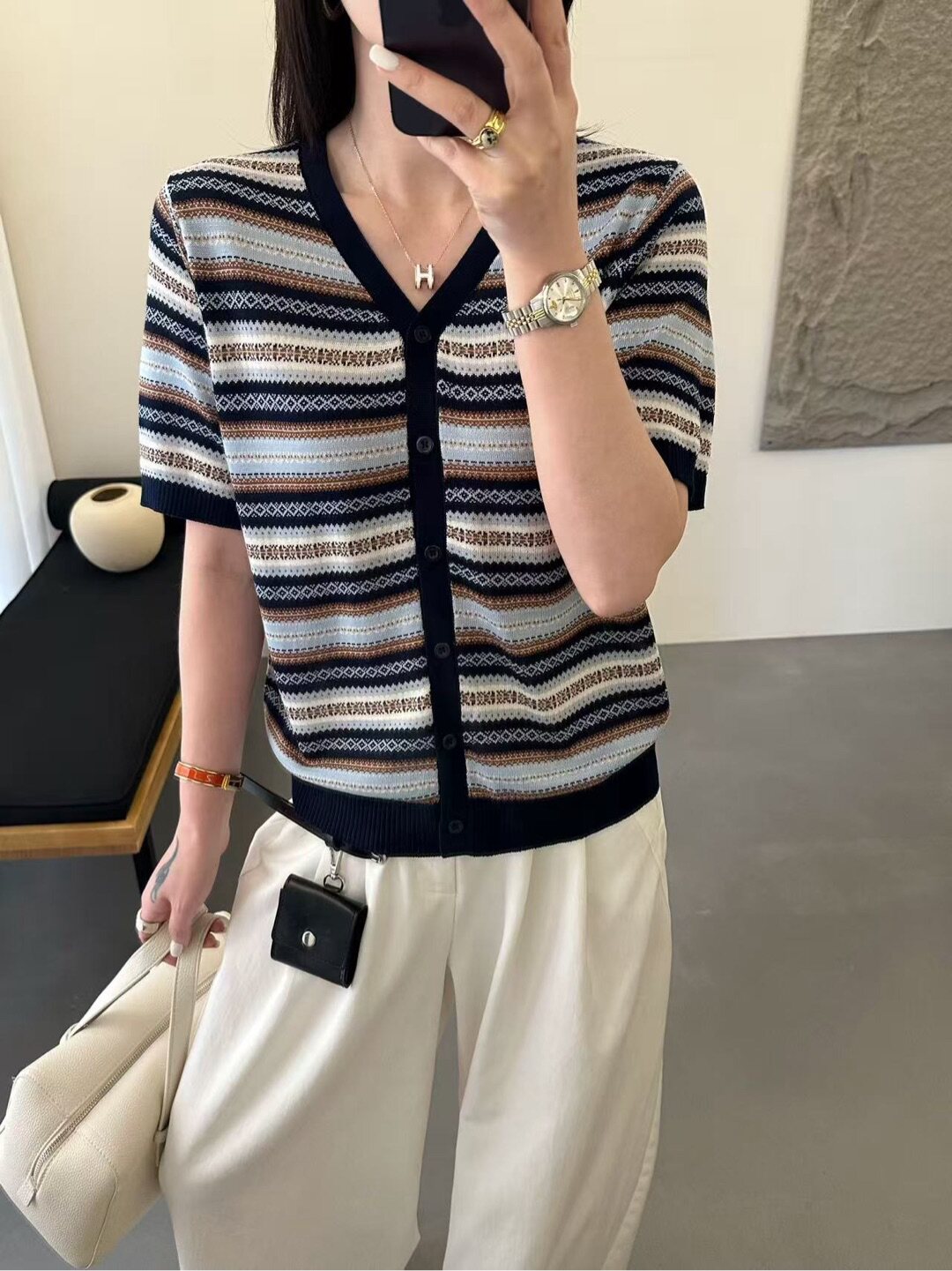 莱赛尔天丝夏天的小空调条纹针织短袖t恤开衫女款2026夏季新款薄
