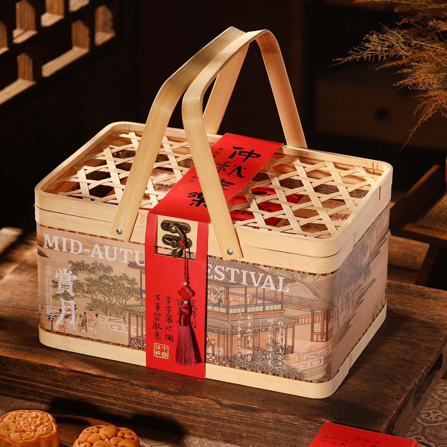 2025中秋礼盒月饼包装盒12粒装蛋黄酥盒子空盒定制100g手提竹编篮