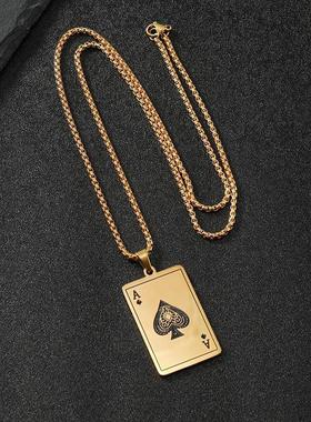 直供跨境时尚简约激光打标扑克牌A吊坠男女同款304项链不锈钢