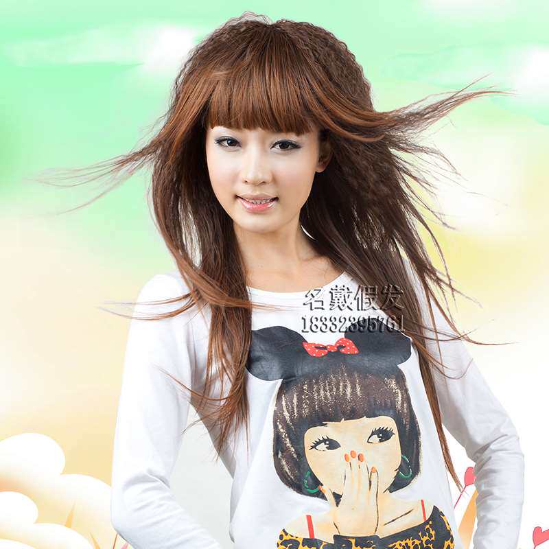 高档时尚女人气蓬松玉米烫非主流长直卷仿真自然整顶假发修脸齐斜