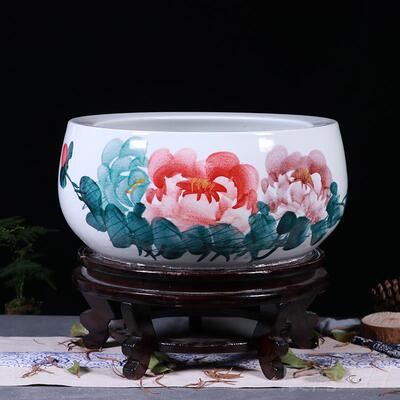 高档桌面圆形小陶瓷鱼盆缸带底座景德厅养金鱼乌龟缸镇荷花客装饰
