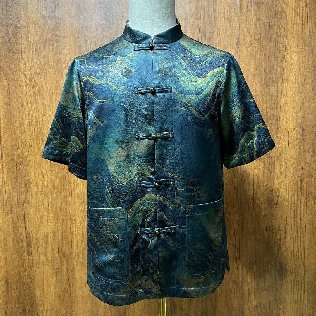 香云纱男装短袖唐装蓝色夏装重缎