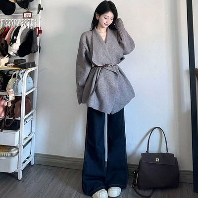 灰色翻领毛衣外套女款春季2025新款韩系穿搭针织开衫高级感两件套