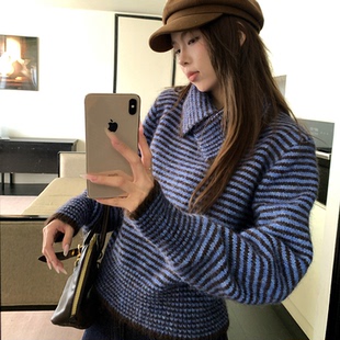 实拍羊驼绒毛衣女装秋冬新款小香风亮片潮纯色圆领保暖针织衫