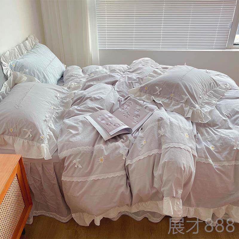 正品温柔奶油蓝色花全小棉水洗床裙棉四件套INS公主风纯棉边被套