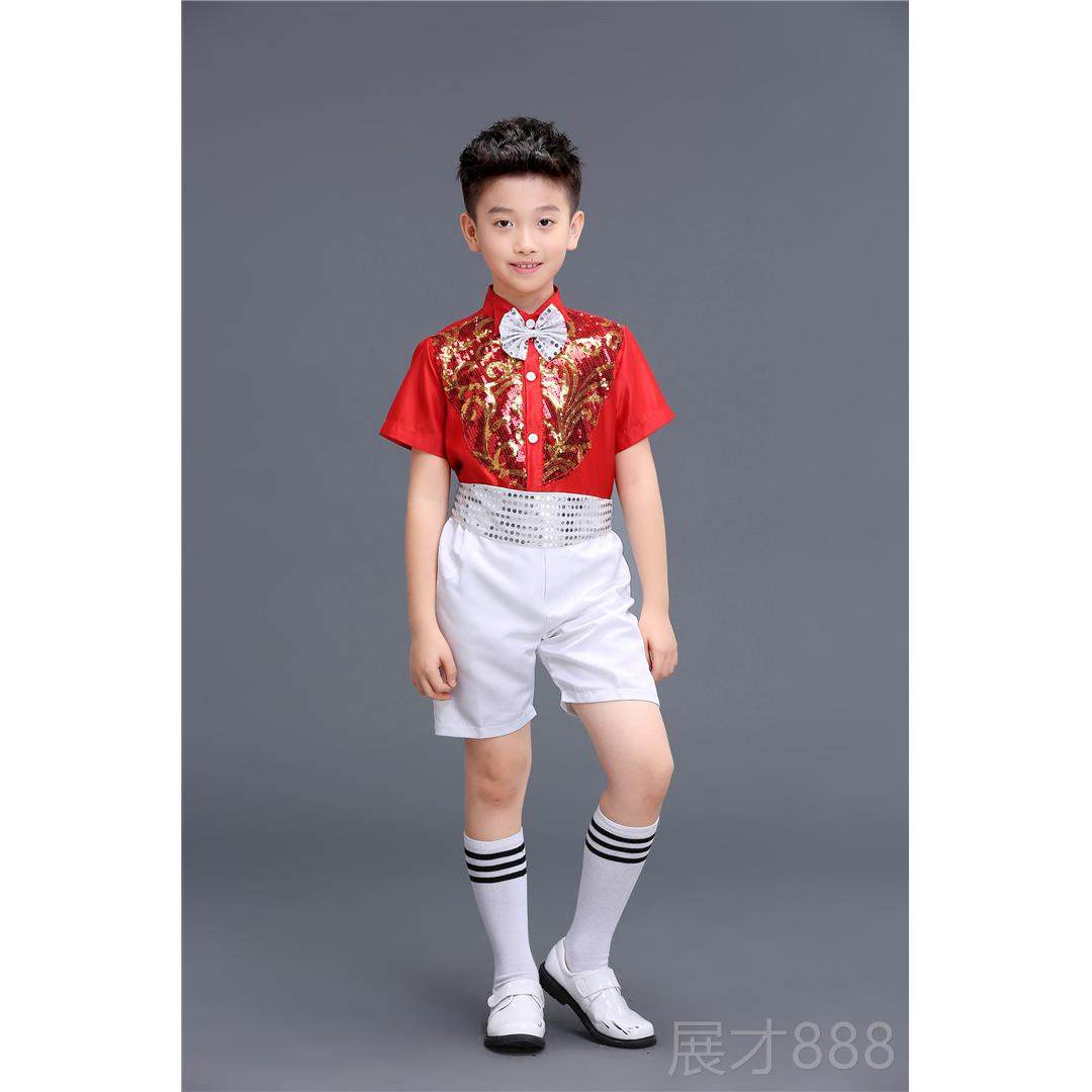 正品儿表演服装童背带裤六演出童服男孩亮片男舞蹈小学生一大合唱