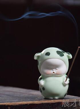 正品创意中式老檀虎丑萌手绘瓷线香厅插香座香薰炉香客生日陶礼物