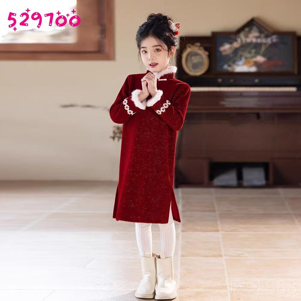 正品女童旗袍加古绒长袖红色儿童岁生日公十主裙中式筝演女过年出