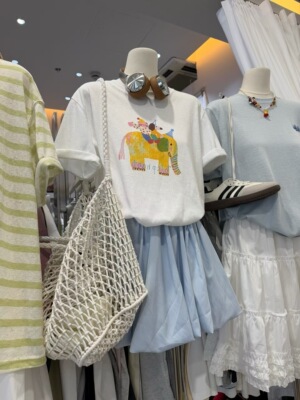 短袖t恤女慵懒风2026新款卡通印花刺绣韩系可爱风小个子宽松纯棉