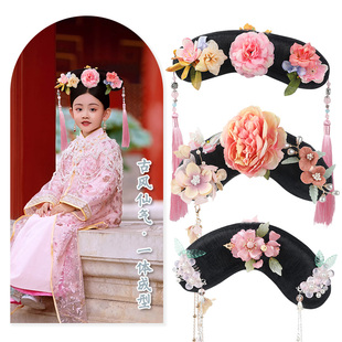 古装汉服假发包清朝格格旗头儿童发髻一体式全套头饰宫廷燕尾发型