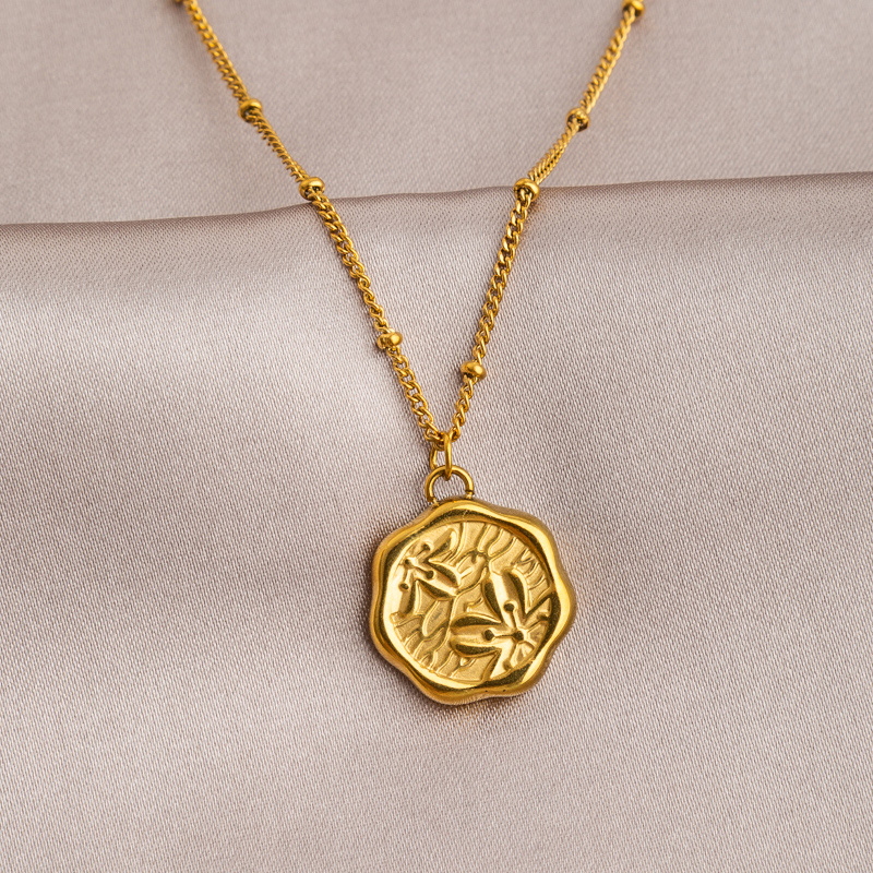 法式复古圆牌桃花印记项链女